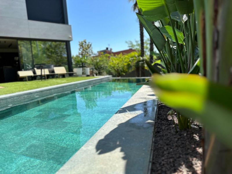 Vista de jardín con plantas y estanque rectangular de agua azul